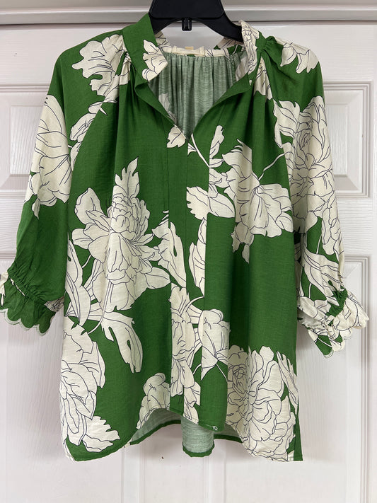 Floral Scallop Trim Blouse, Green