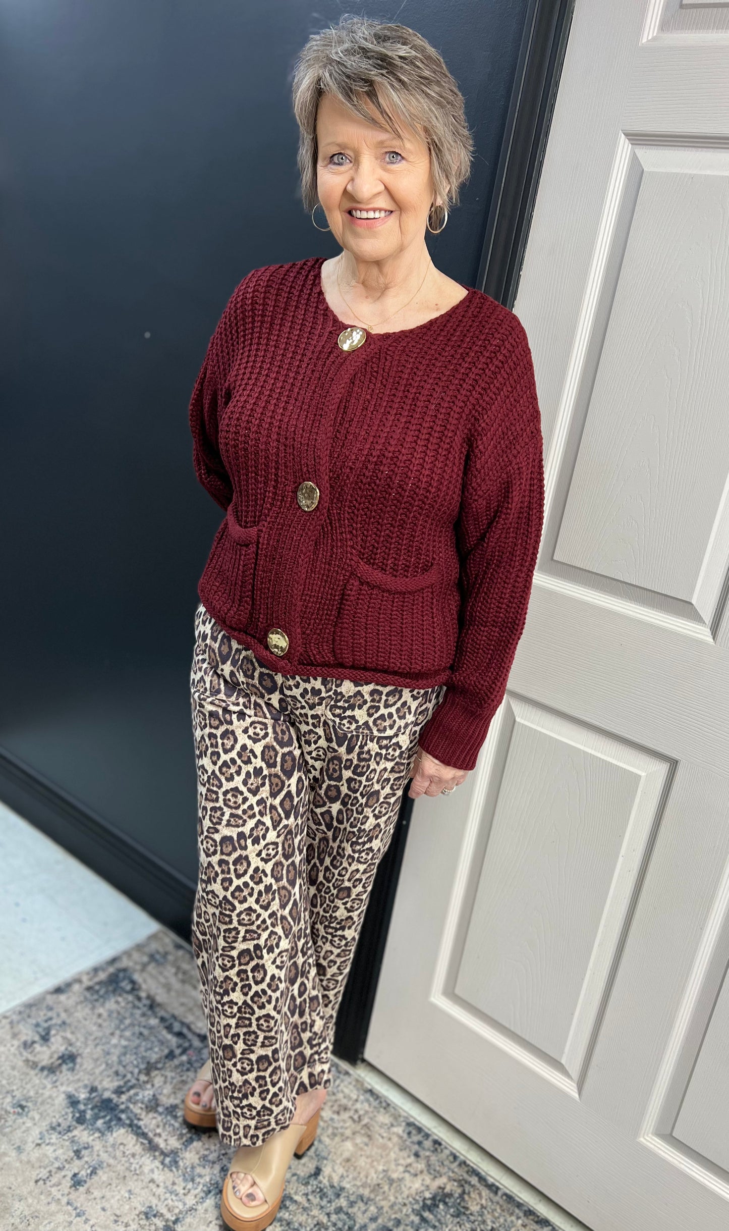 Solid Chunky Sweater Cardigan with Pockets, Burgundy