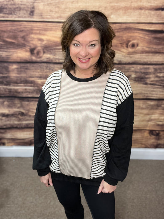 Ribbed Striped Detail Top, Black