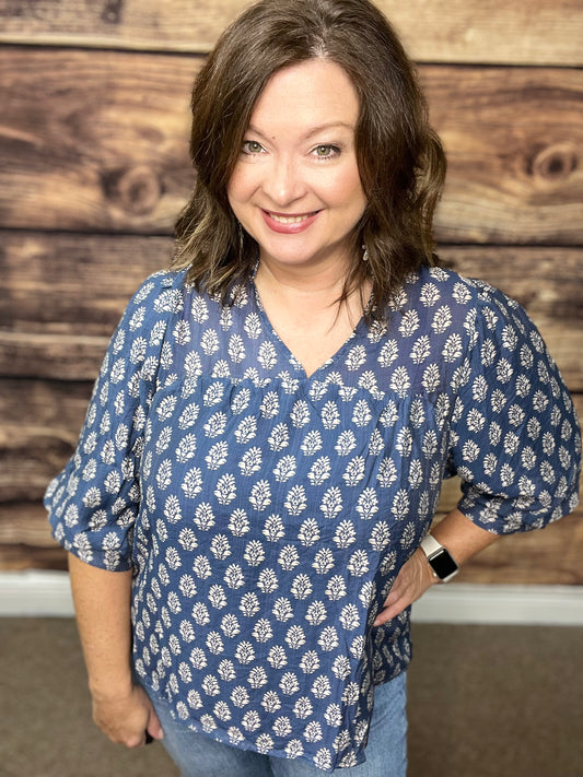 Floral Print V-Split Blouse, Blue/Cream