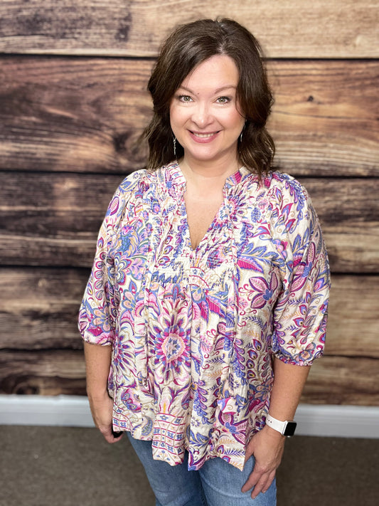 Floral Paisley Boho Top, Blue