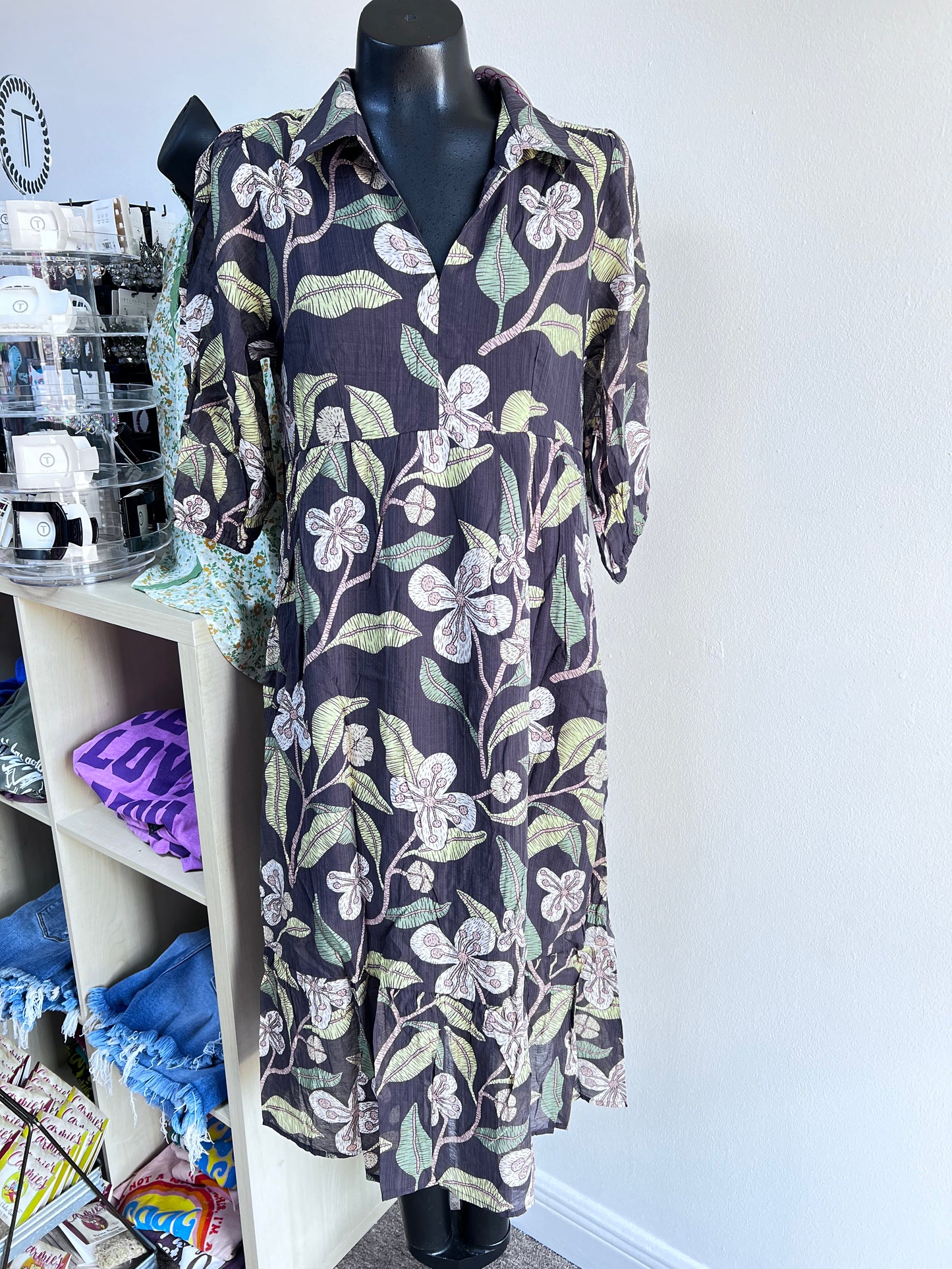 Mix Floral Tiered Midi Dress, Brown