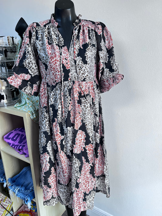 Paisley Print Midi Dress with Ruffle Sleeves, Black
