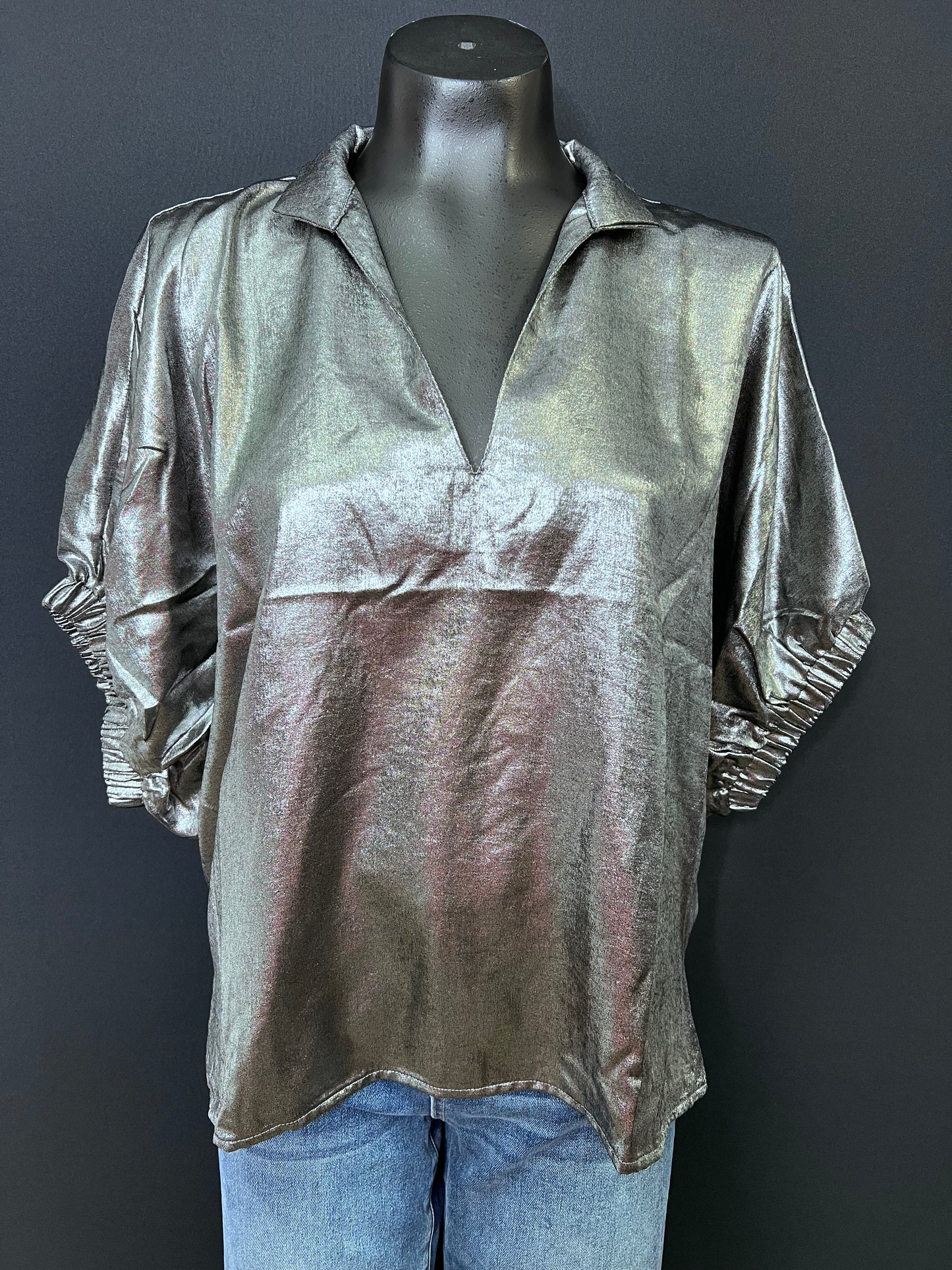 Metallic V-band Dolman Sleeve Top-Charcoal