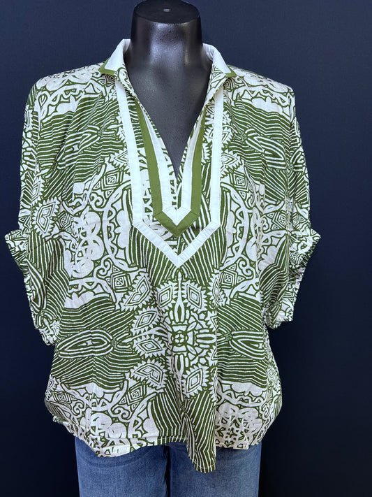 Multi Pattern Dolman Sleeve Top, Olive