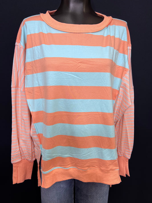 Casual Stripe Pullover-Peach/Blue