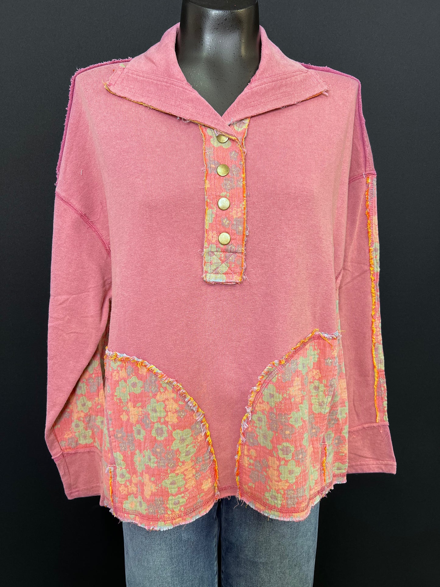 Floral Print Mock Neck Top, BOHO RED