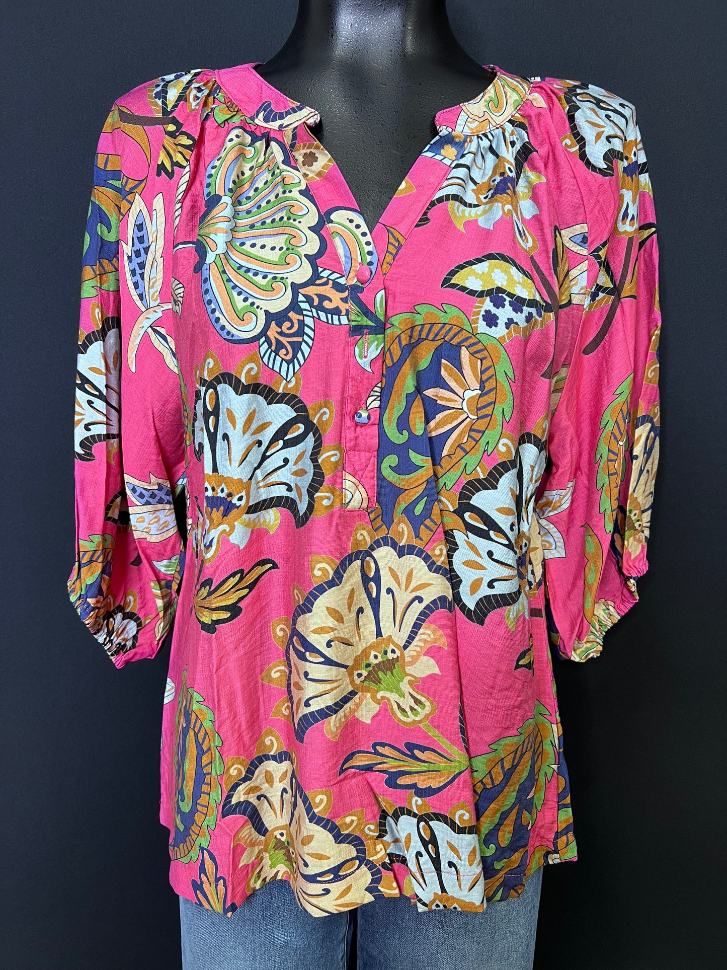 Boho Paisley Puff Sleeve Blouse, Pink