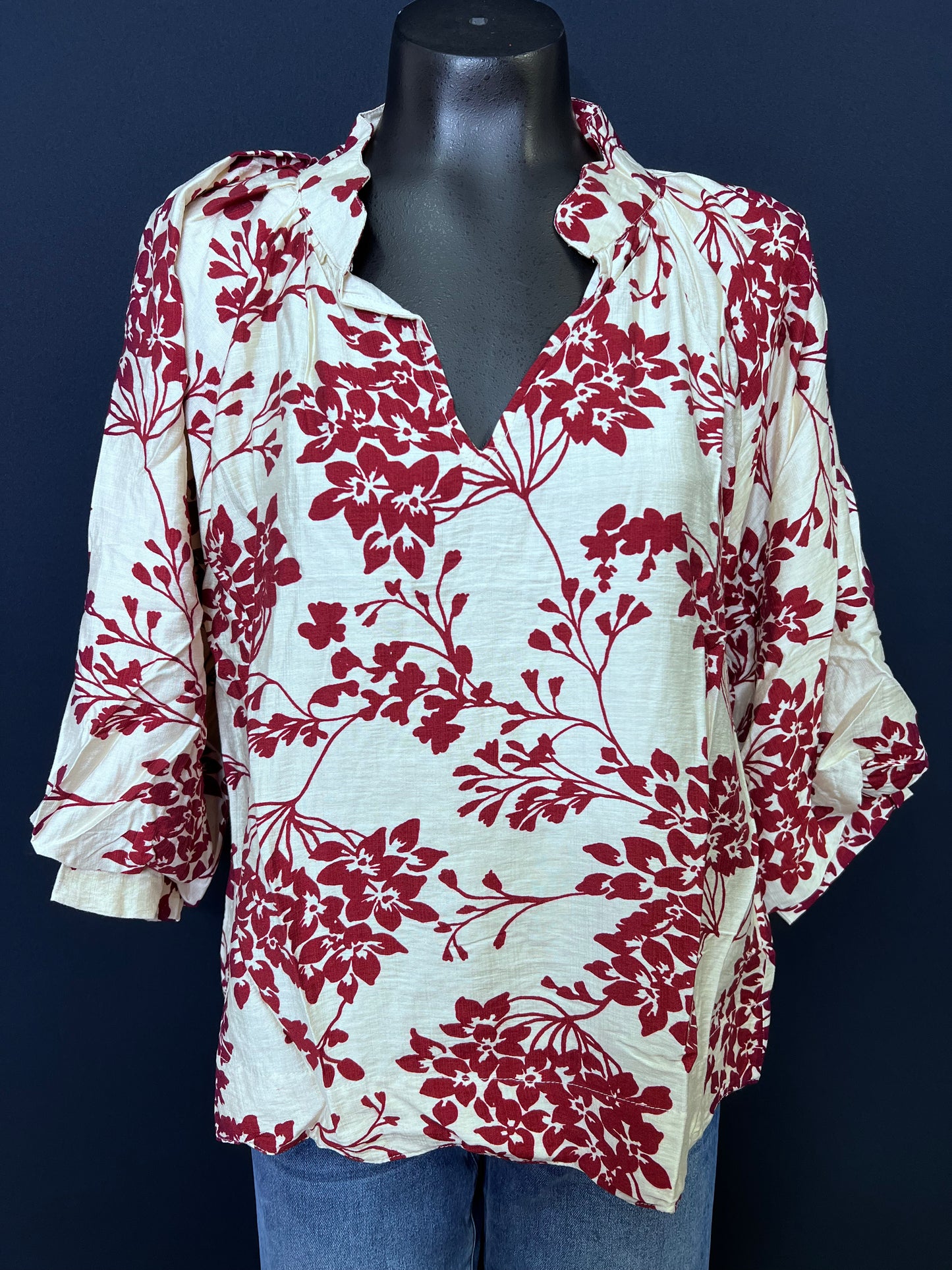 Cherry Blossom Print Scalloped Hem Blouse, Garnet
