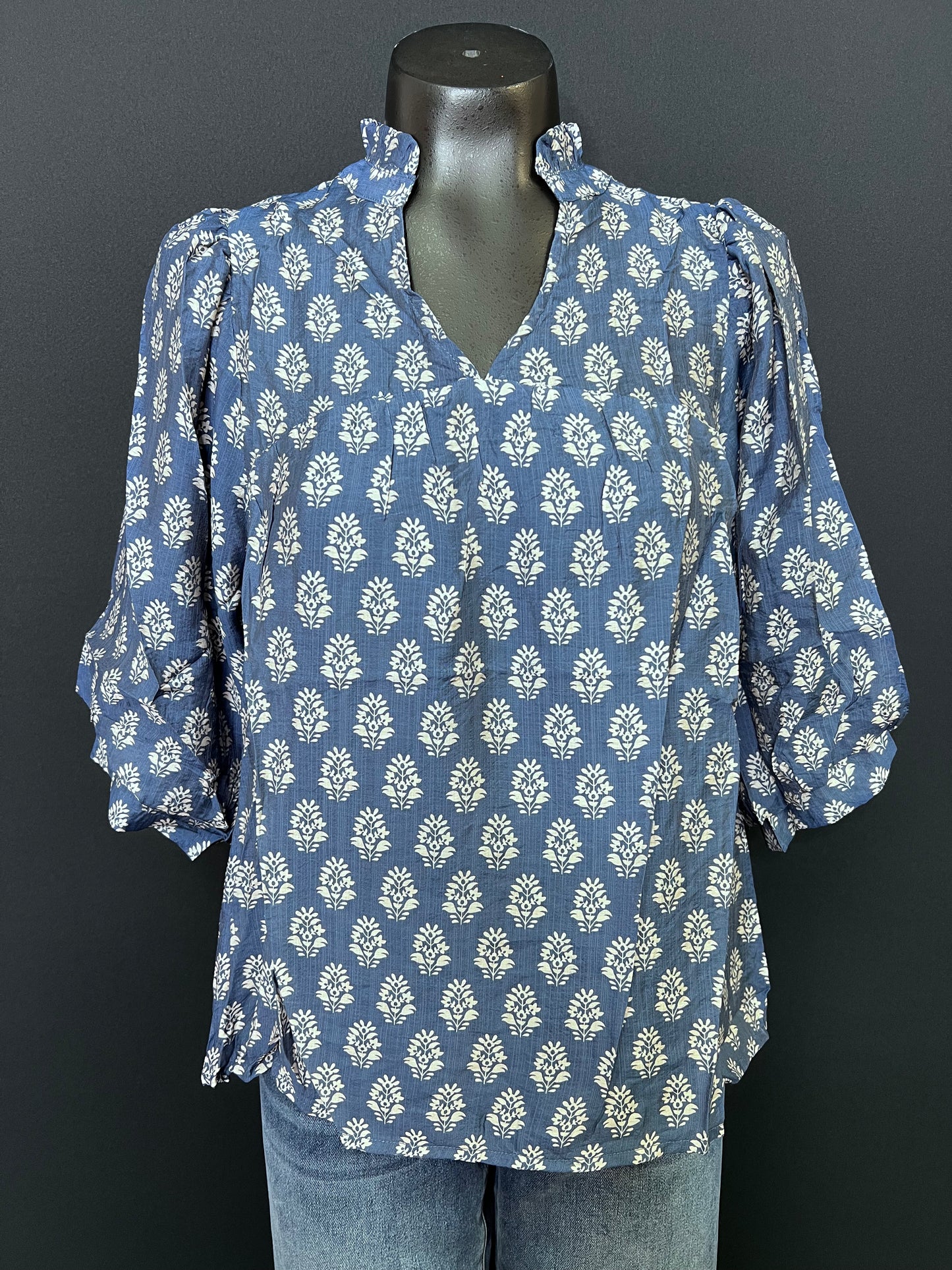 Floral Print V-Split Blouse, Blue/Cream