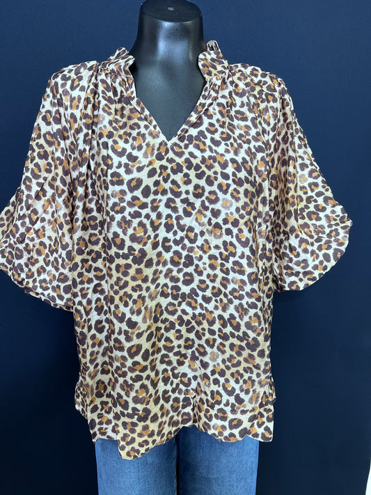 Bubble Sleeved Animal Print Blouse