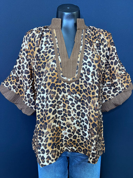 Leopard Print Pleated Sleeve Blouse