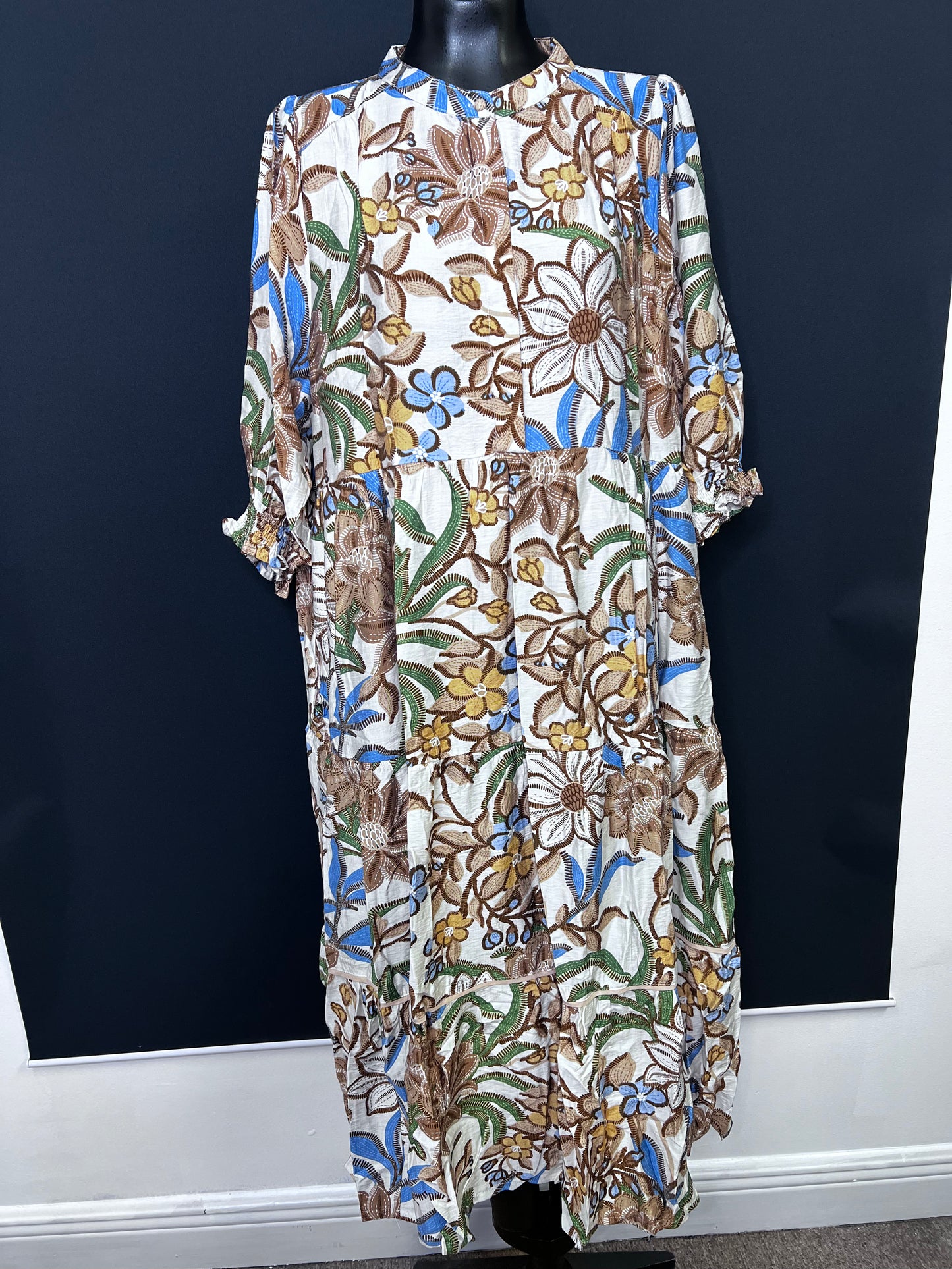 Floral Tiered Midi Dress, Latte