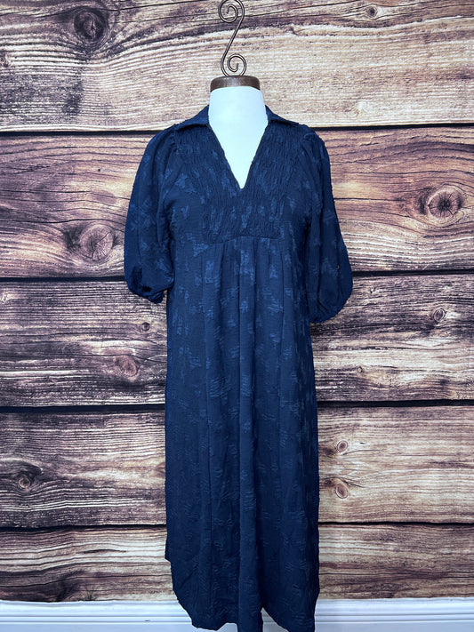 Jacquard V-neck smocked midi dress, Navy