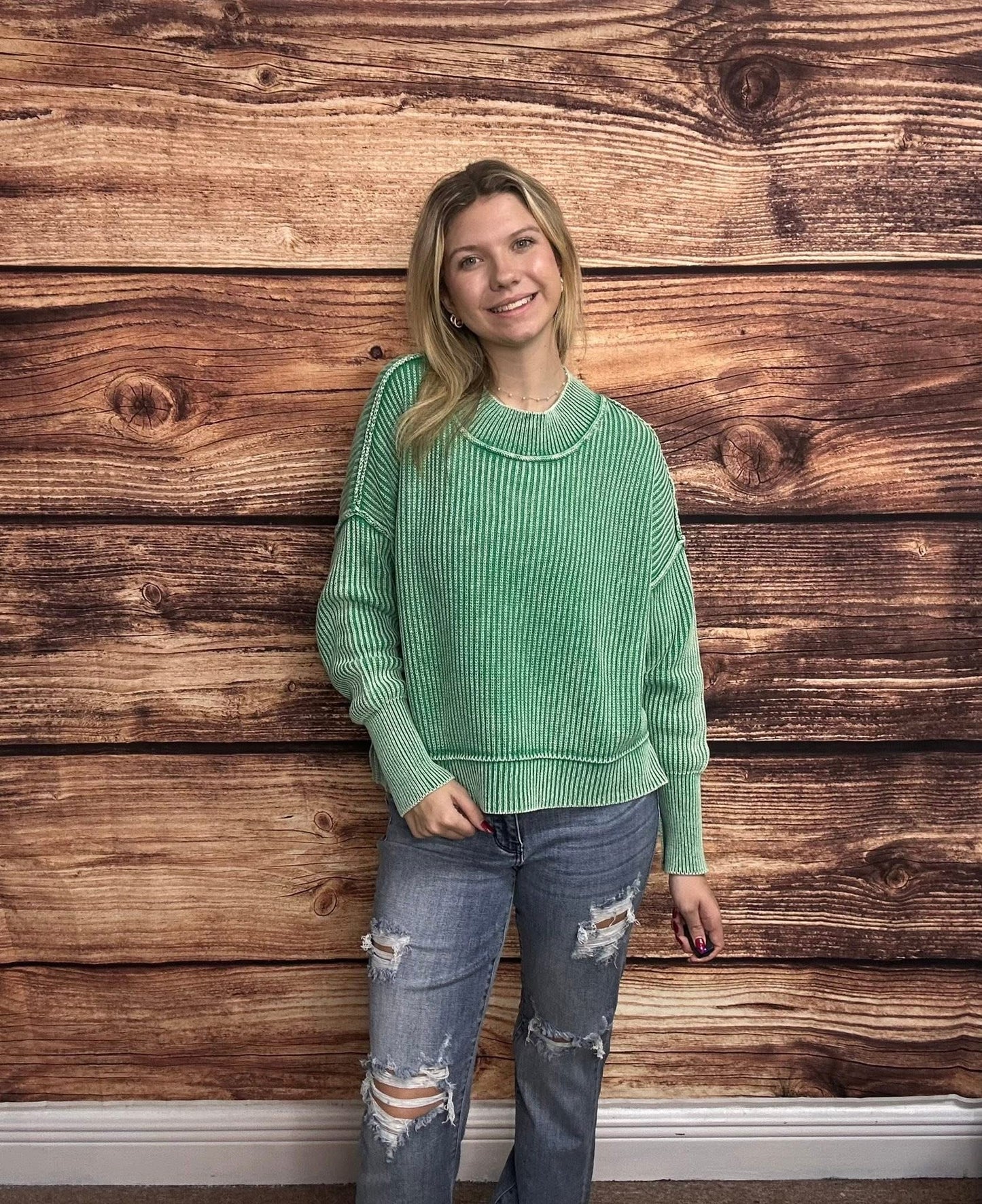 Washed Side Slit Oversized Cropped Sweater, K Green