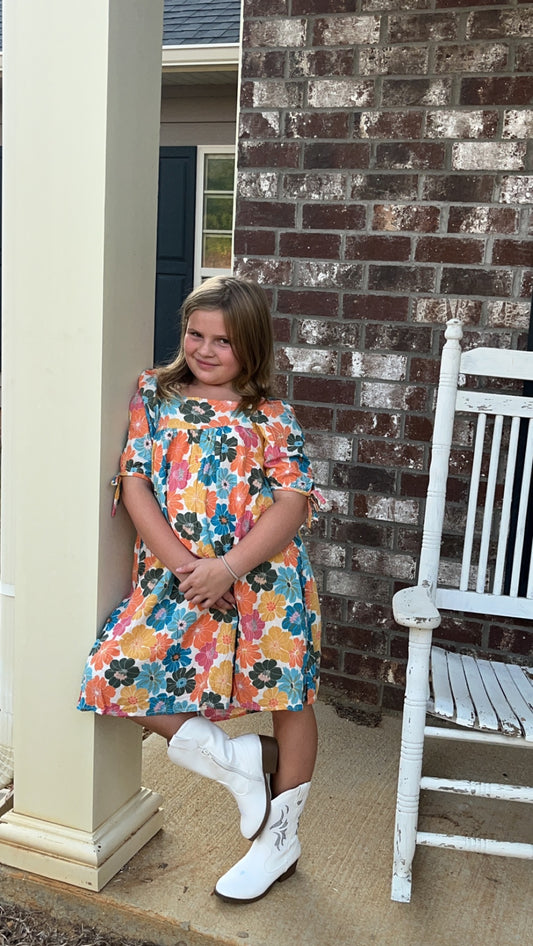 Girls Earthy Floral Square Neck Tie Sleeve Dress