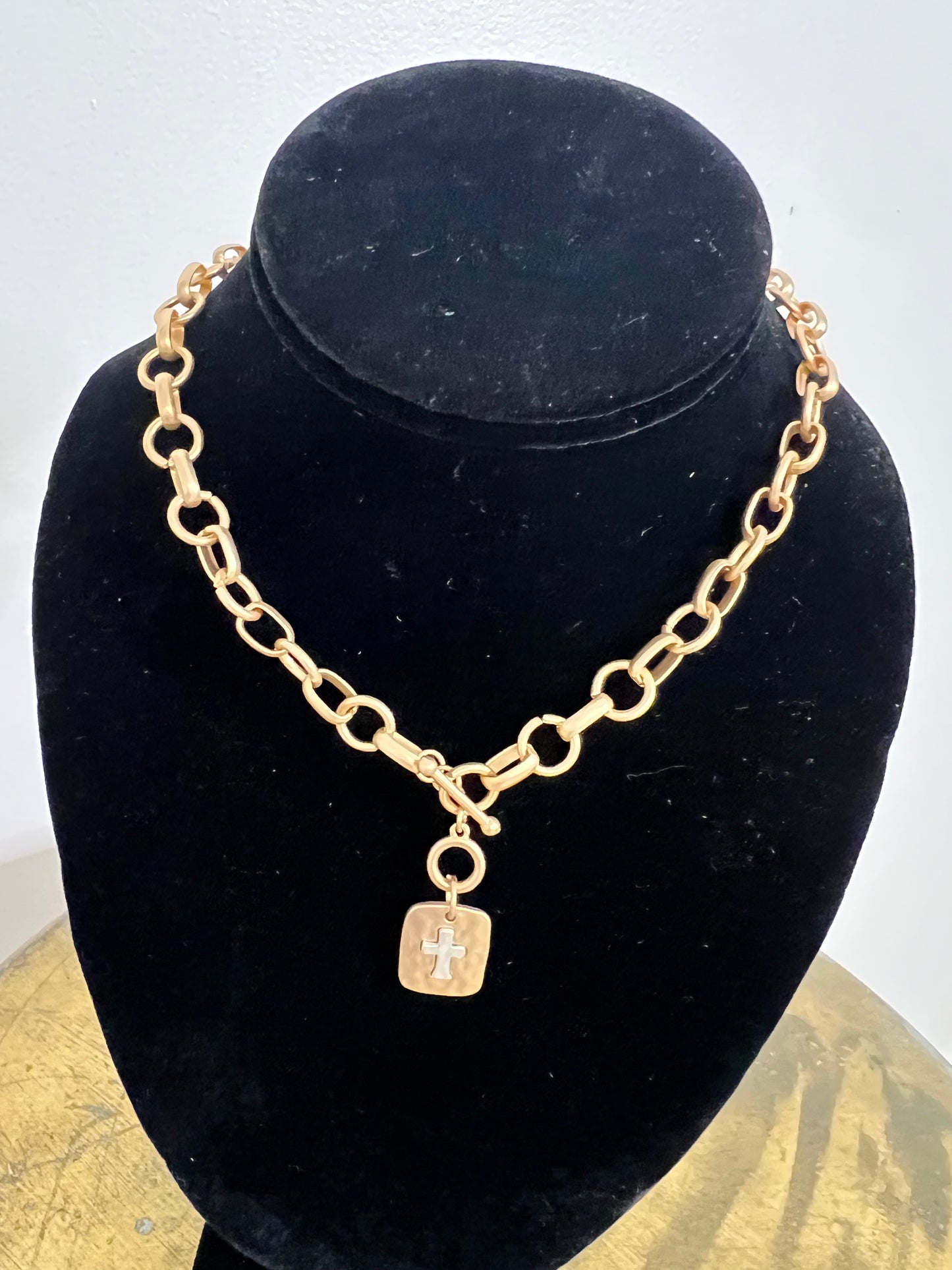 Two Tone Cross Shield Pendant Necklace