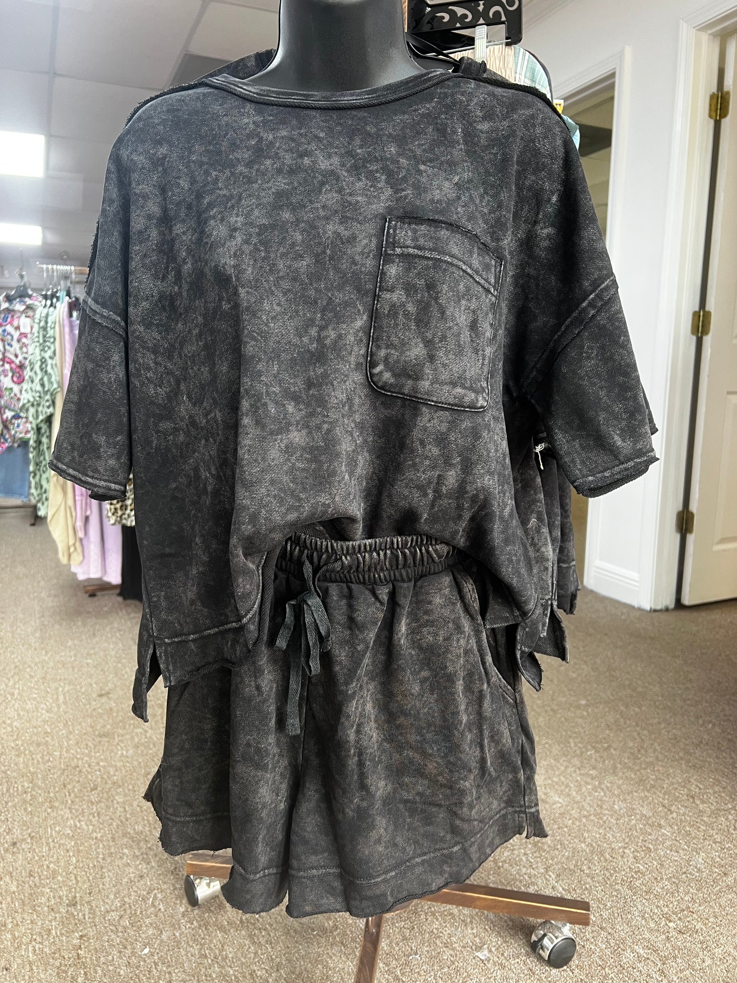 Mineral Washed Knit Top & Short Set, Black