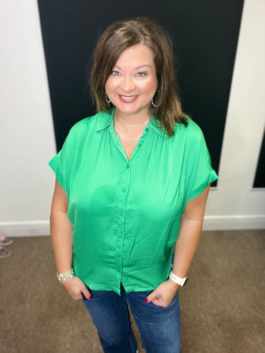 Solid Collared Button Up Top, Emerald