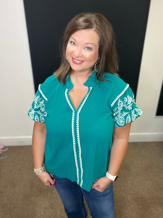 Embroidered Puff Sleeve Blouse, Jade