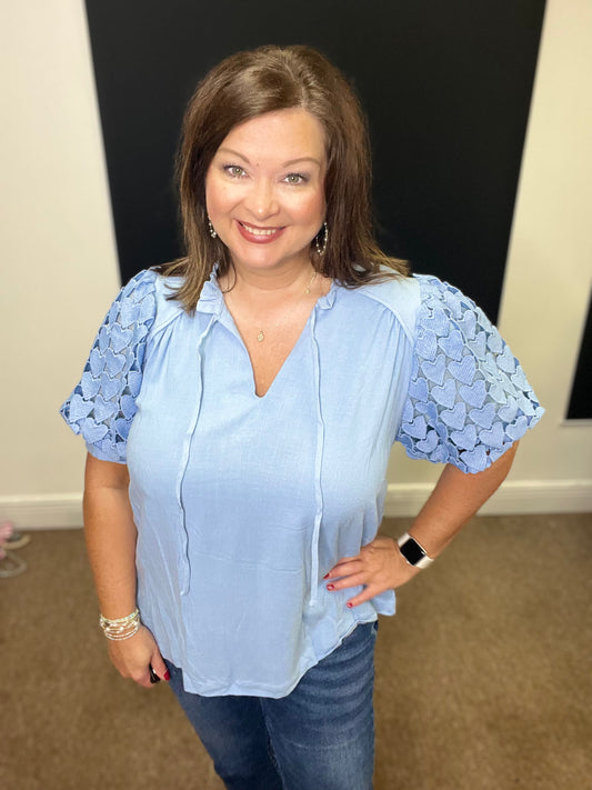 Linen Crochet Heart Sleeve Top, Blue