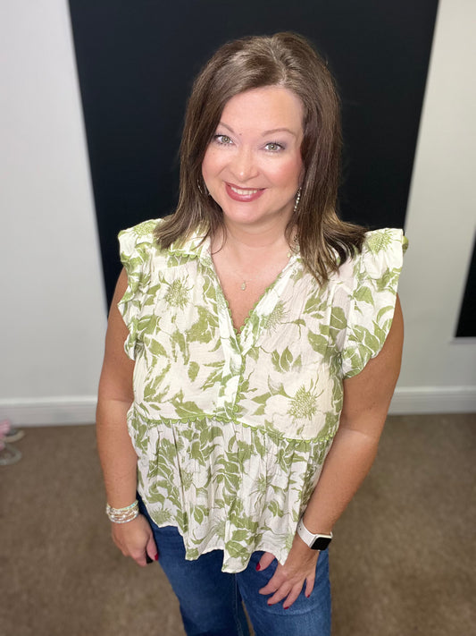 Ruffled Floral Top, Green