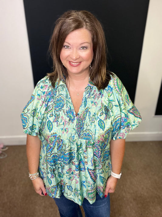 Mint Paisley Print V-Neck Top