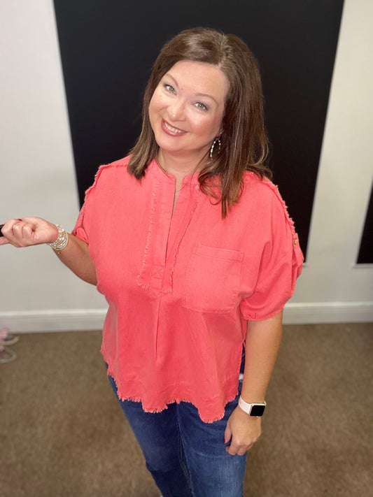 Washed Linen Top, Coral