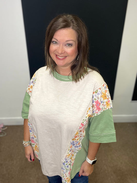 Washed Floral Patchwork Oversized Tee, Stone