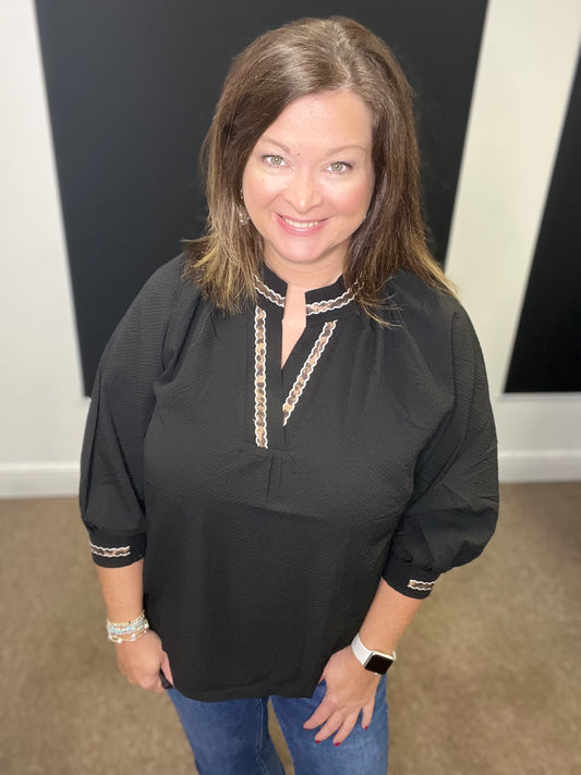 Puff Sleeves V-Neck Collared Top, Black