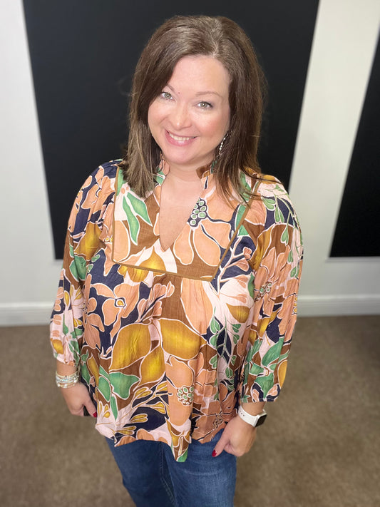 Abstract Floral Print Blouse with Ruffle Neck, Green