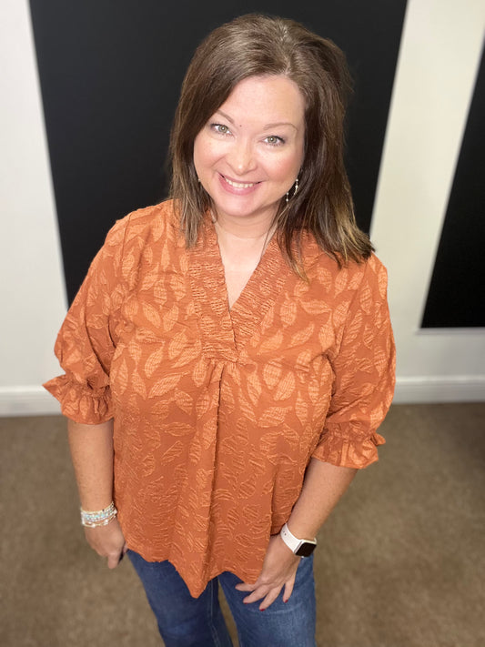 Floral Jacquard V-Neck Top, Rust