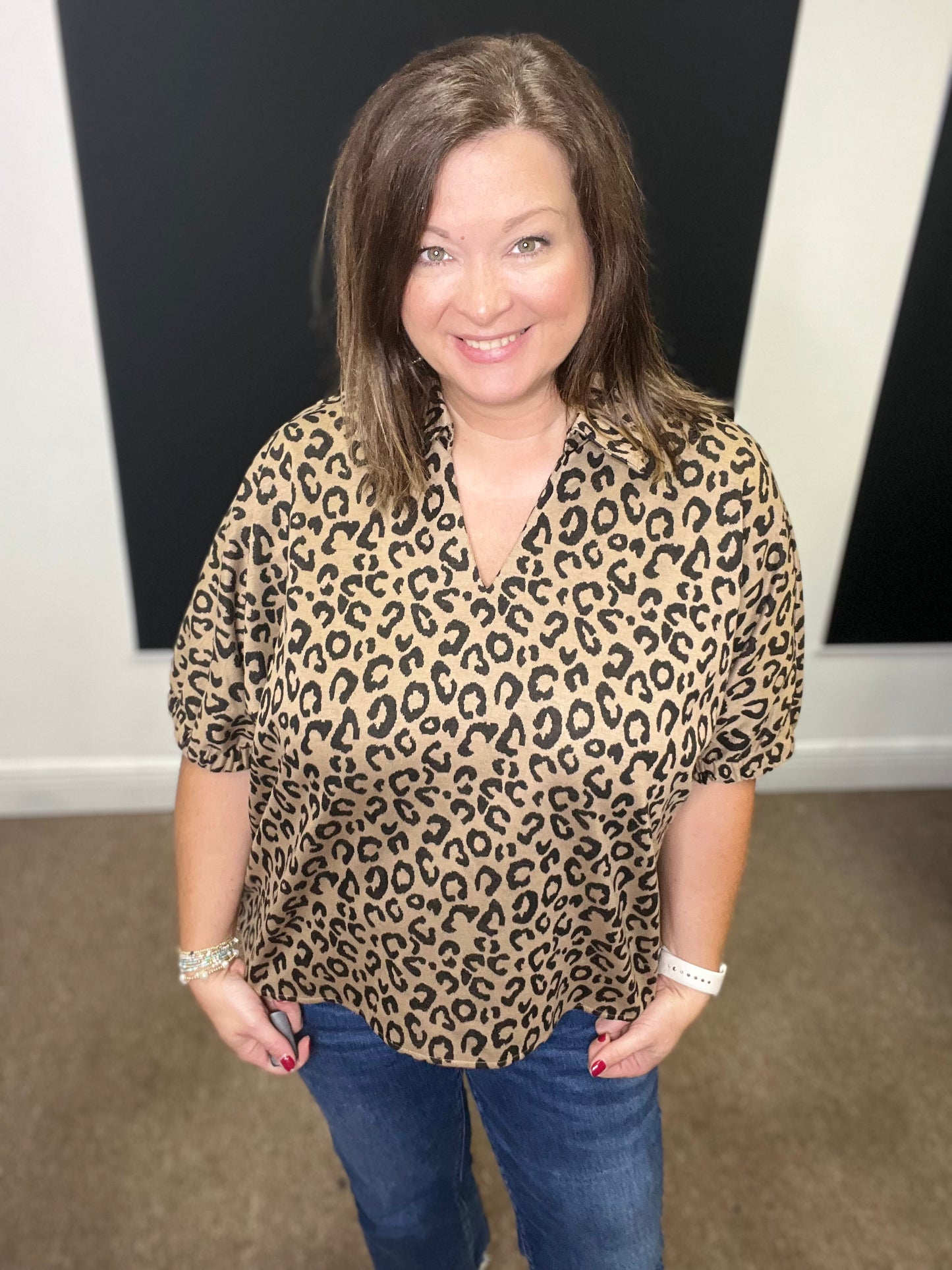 Leopard Top with Collar, Toffee