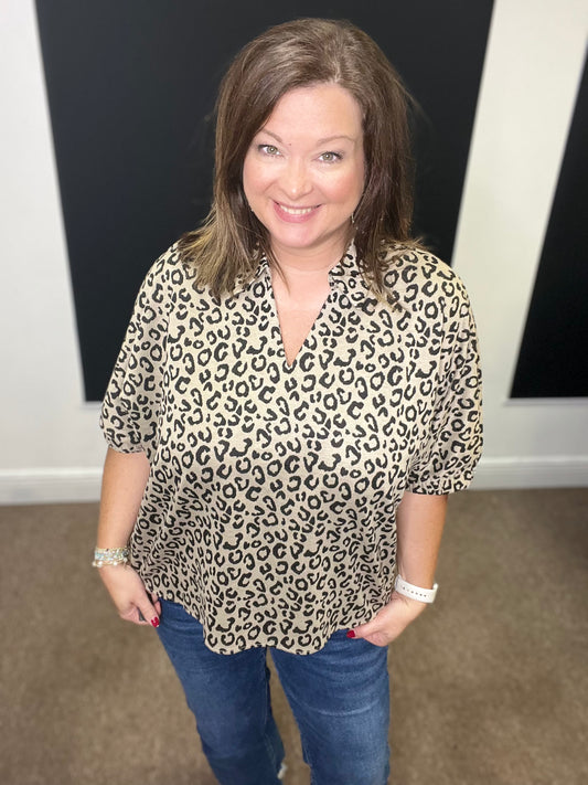 Leopard Top with Collar, Oatmeal