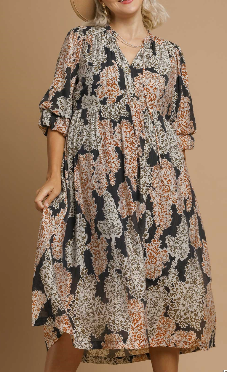 Paisley Print Midi Dress with Ruffle Sleeves, Black