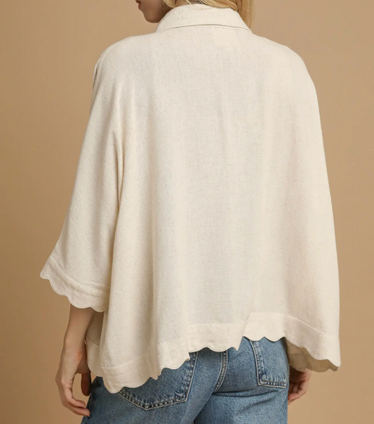 C5392-Linen Scallop Hem Button-Down Blouse-2 Colors