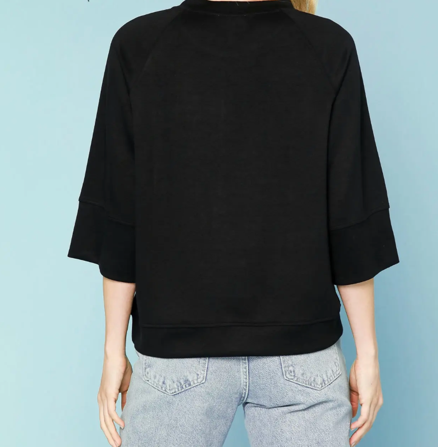 3/4 Sleeve Drop Shoulder Top, Black