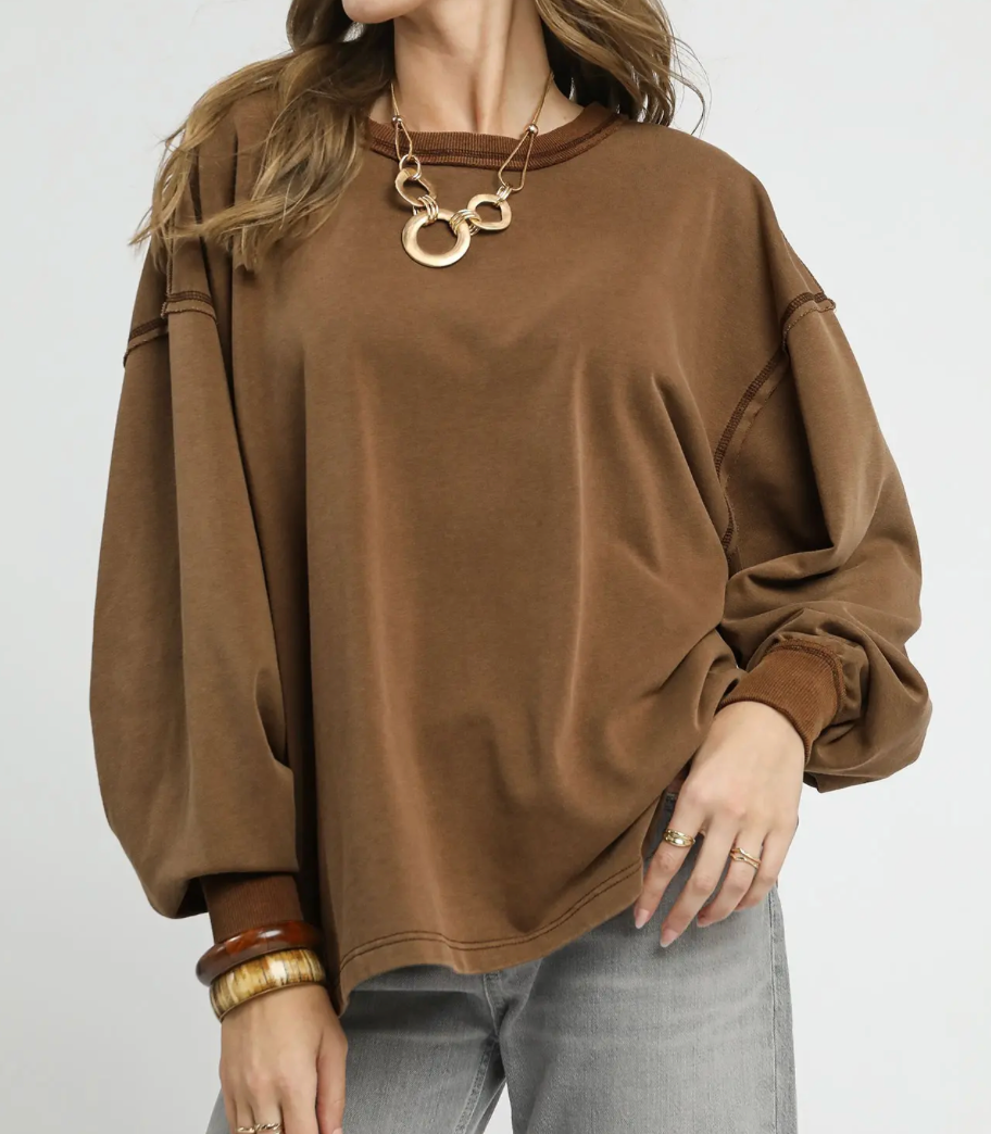K0963-Mineral Wash Oversized Top, Brown