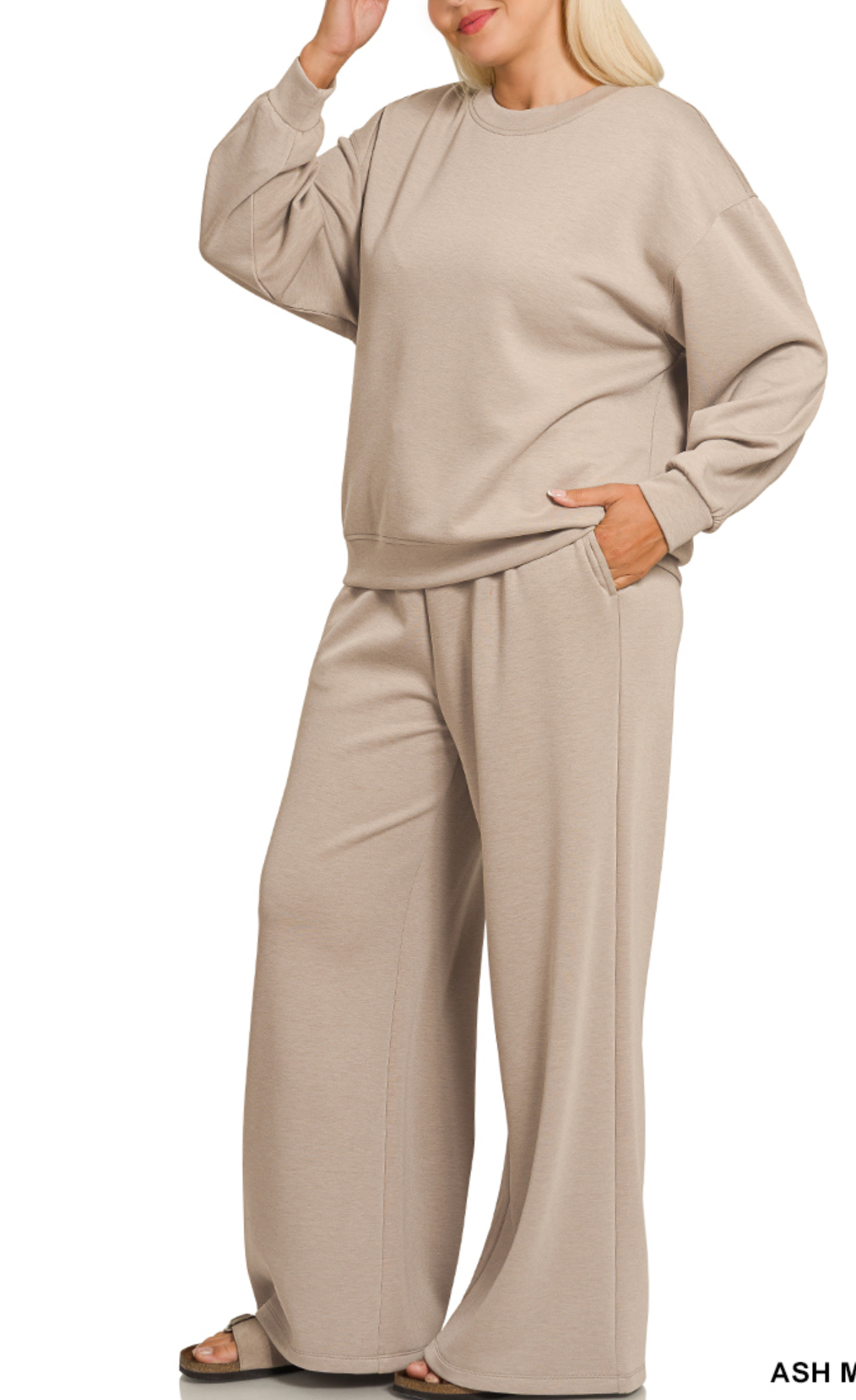Curvy Sizes Scuba Crewneck Pullover and Pants, Ash Mocha