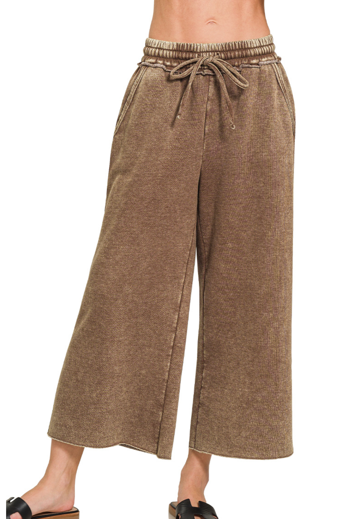 Plus Acid Wash Crop Fleece Sweatpants with Pockets, Brown
