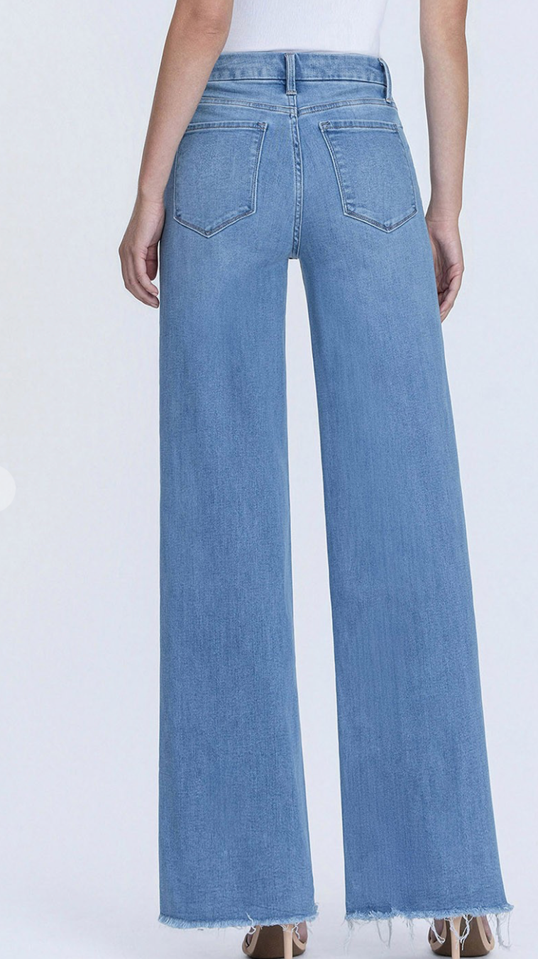 LV1682-High Rise Medium Wash Frayed Hem Wide Leg Jeans