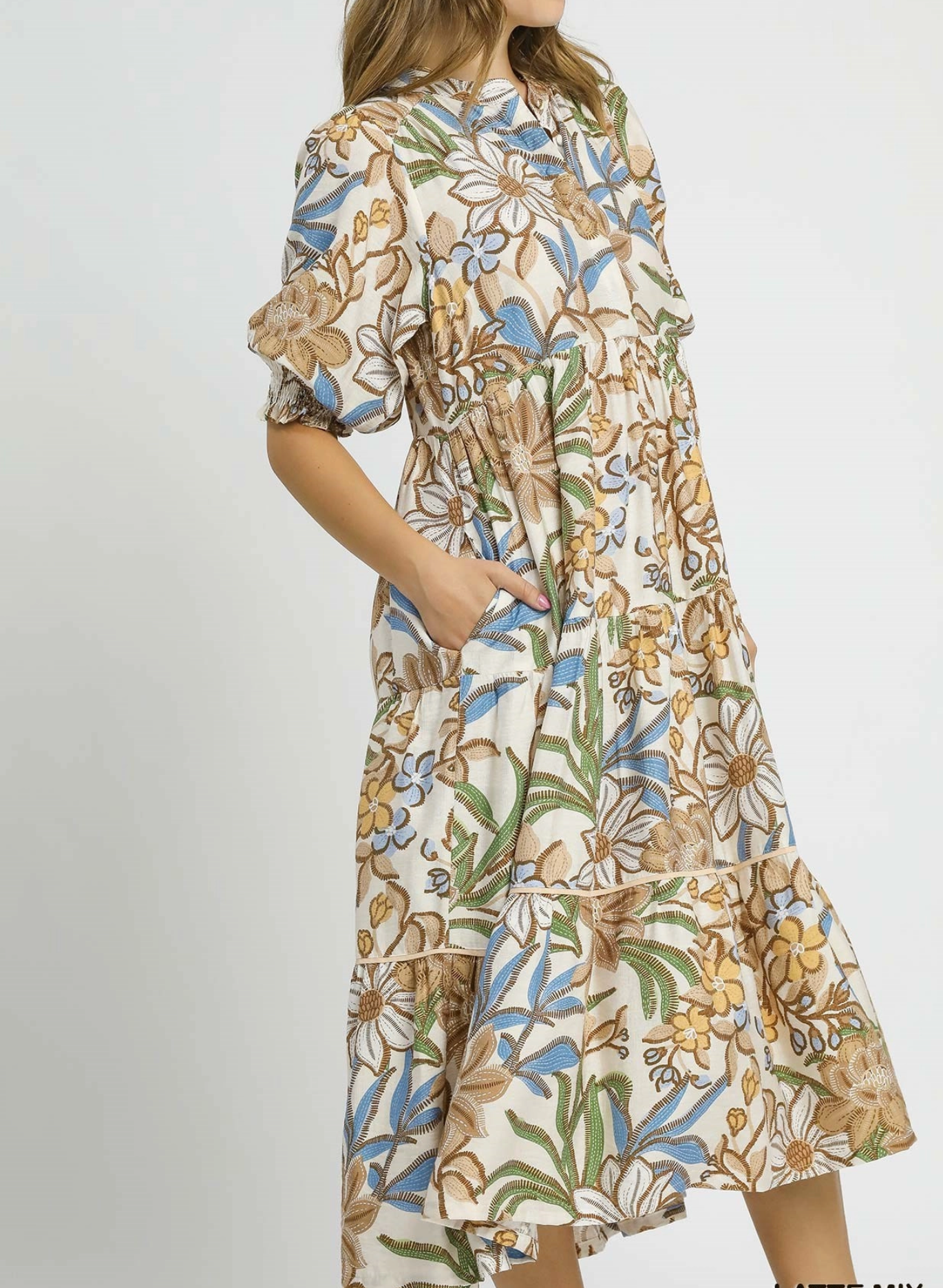 Floral Tiered Midi Dress, Latte