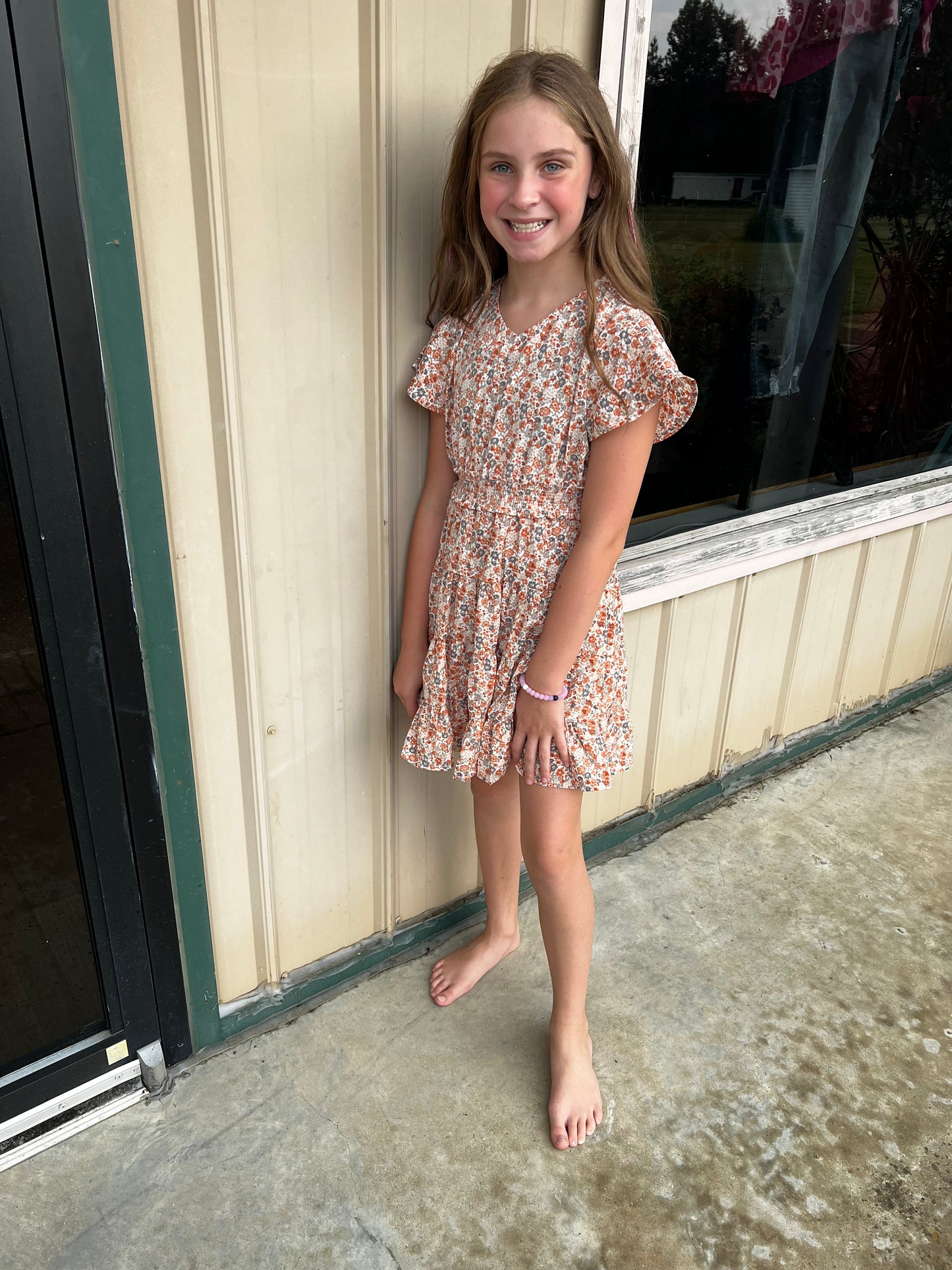 Girls Flutter Sleeve Smocked Waist V Neck Dress