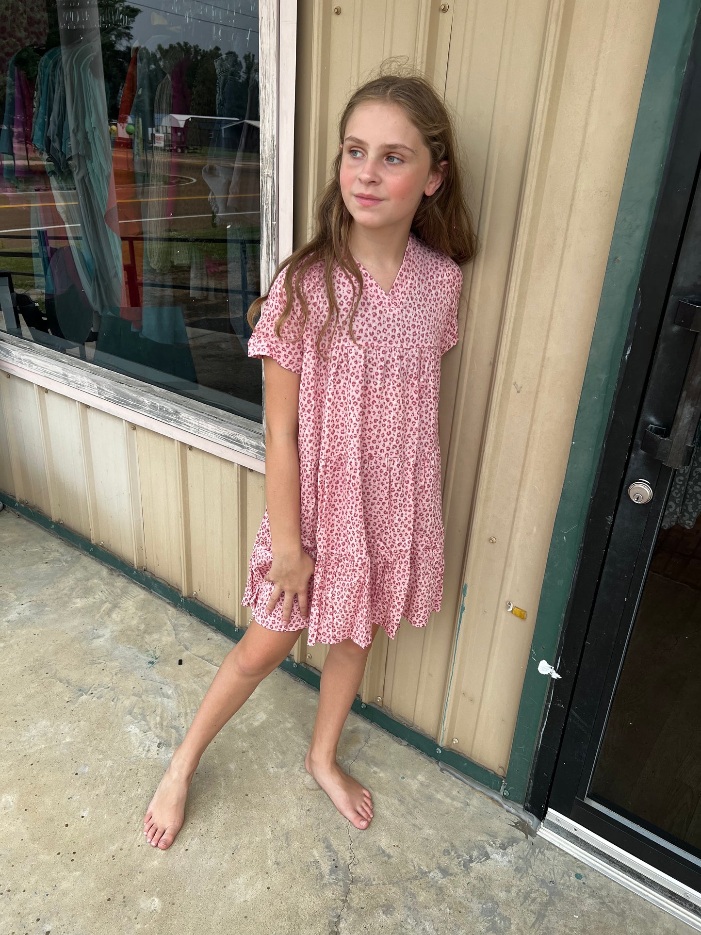 Girls Pink Leopard Midi Dress