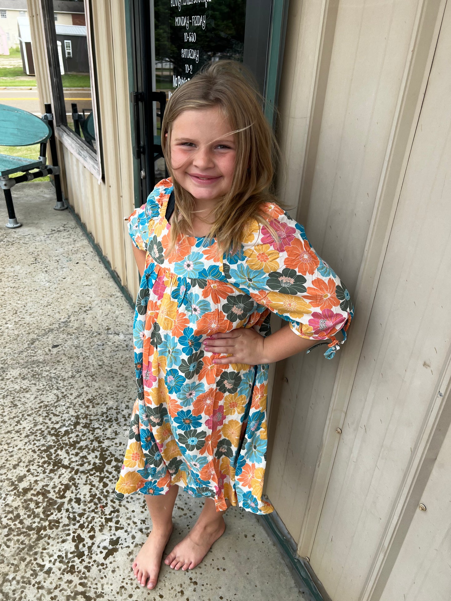 Girls Earthy Floral Square Neck Tie Sleeve Dress