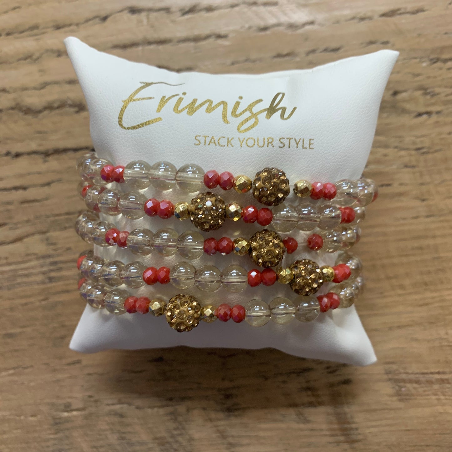 Clear and Coral with Gold Shamballa Bead Single Erimish Bracelet