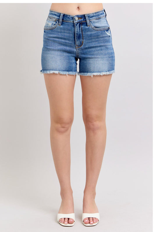 High Waist Vintage Wash Shorts with Fray Hem