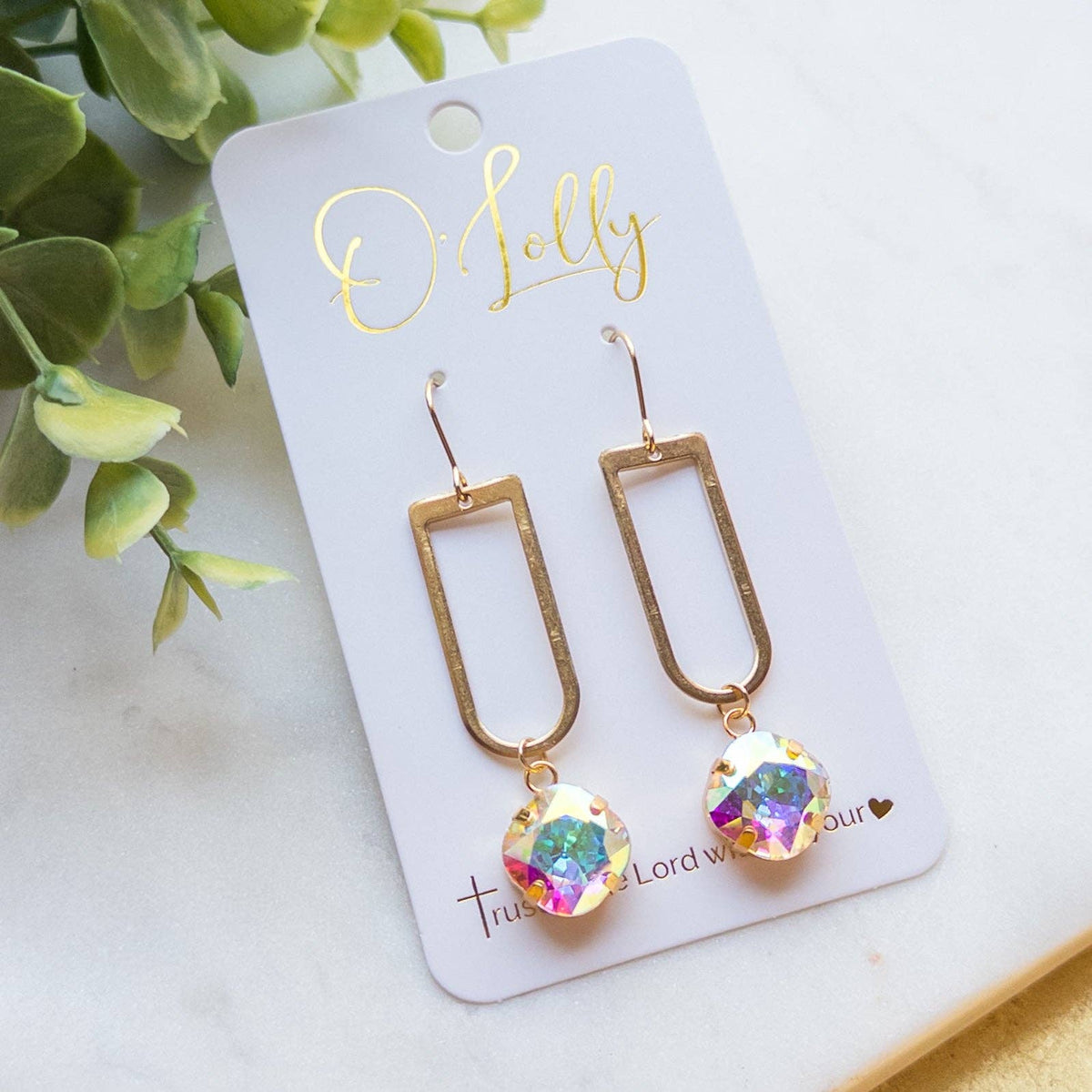 Open Gold Shaped Dangle Earrings w/AB Stone
