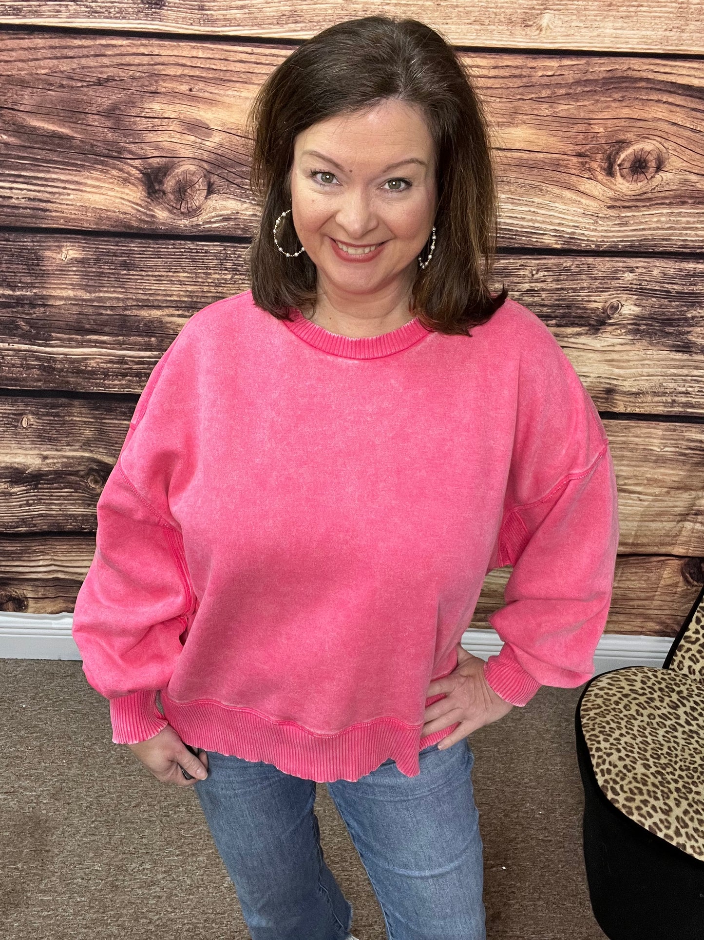 Acid Wash Fleece Oversized Pullover, Fuchsia