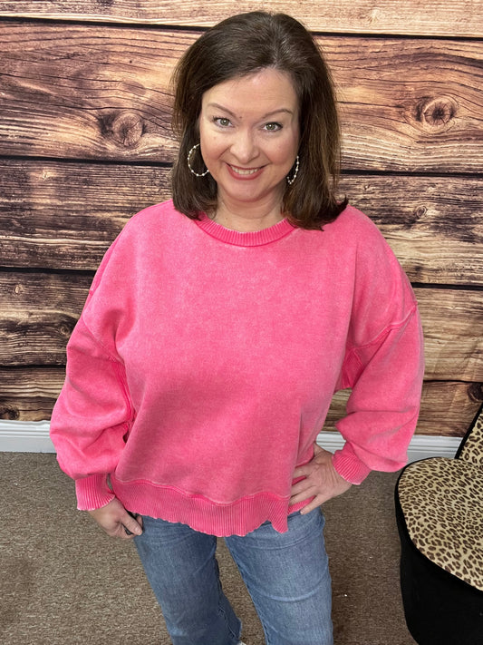 Acid Wash Fleece Oversized Pullover, Fuchsia